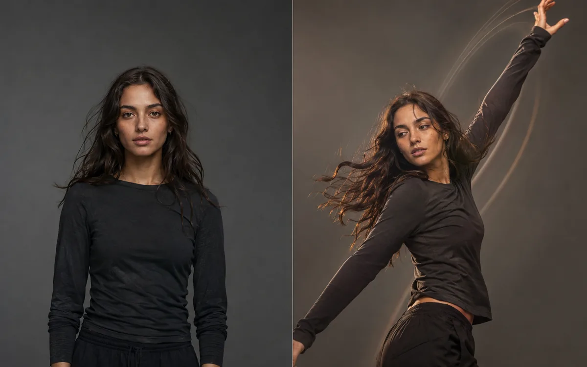 Motion Control AI showcase: a still character portrait beside the same character mid-performance after motion transfer