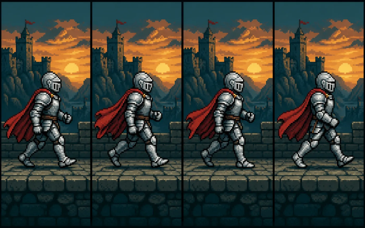 Pixel animation maker hero: four sequential frames of a 16-bit knight walk cycle, walking a castle rampart at sunset