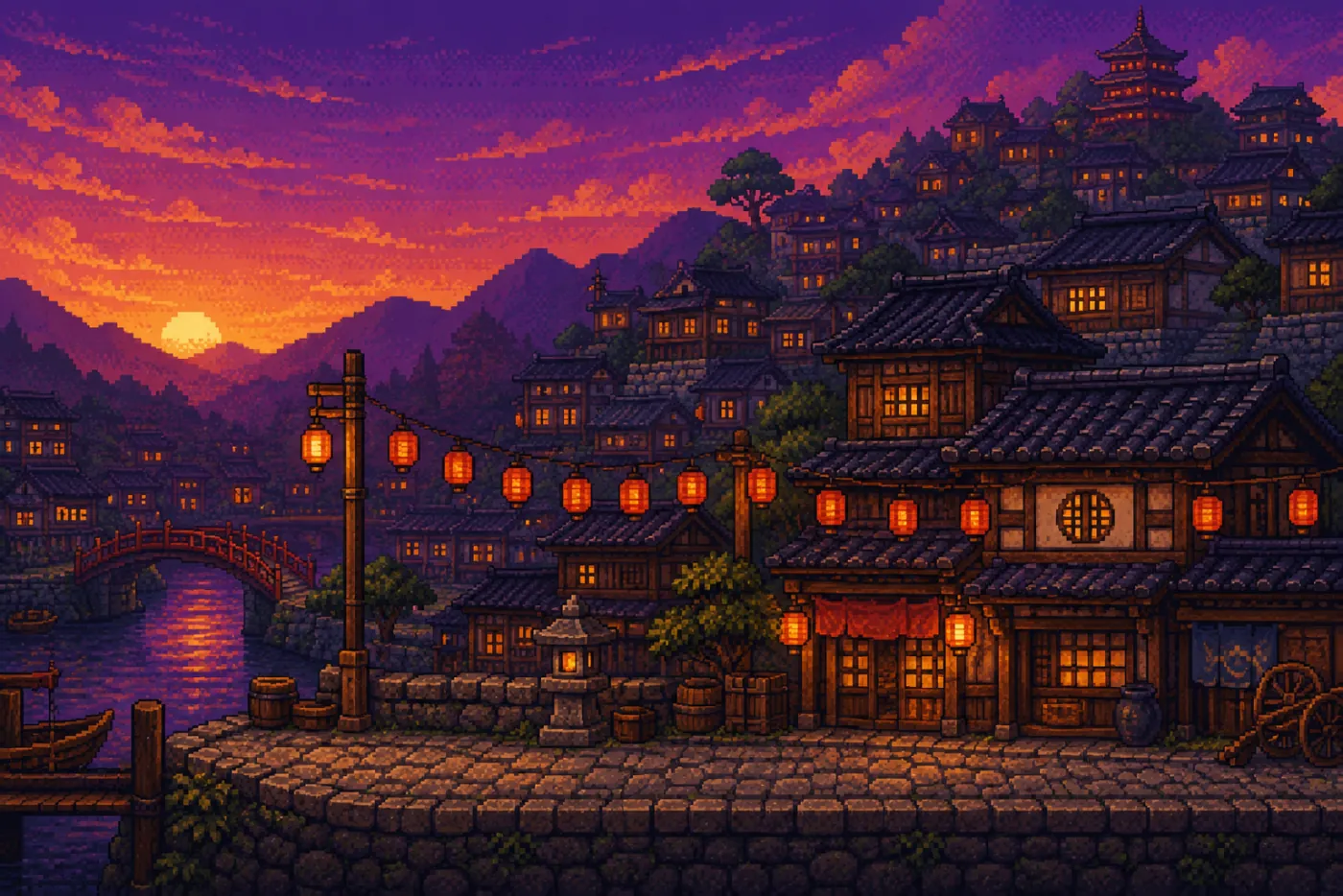 AI pixel art generator output: a 16-bit side-scrolling town scene with layered rooftops, lanterns and a sunset sky