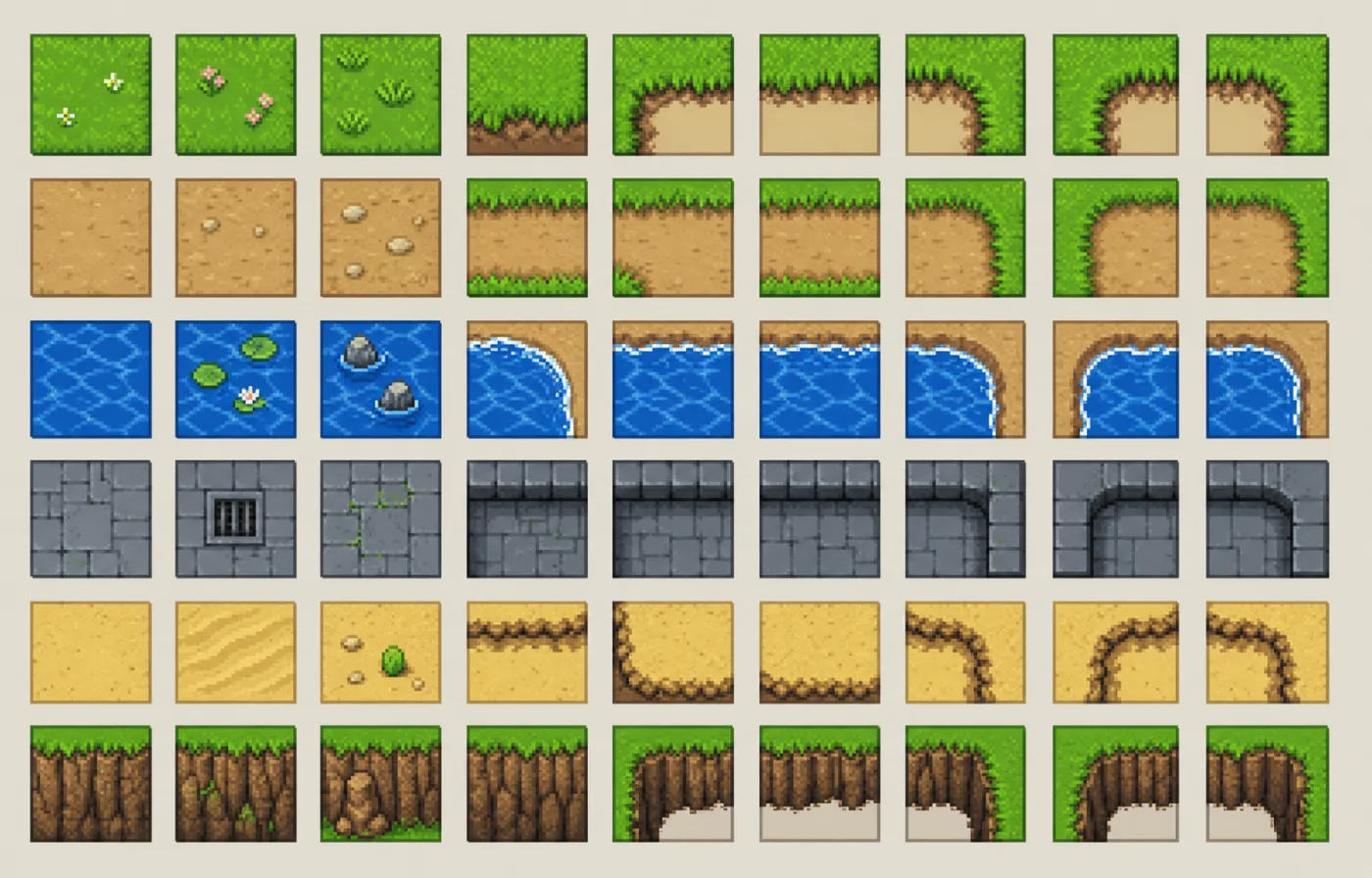 Pixel tileset generator output: a 16-bit terrain tile sheet with grass, dirt path, water edge and stone floor tiles