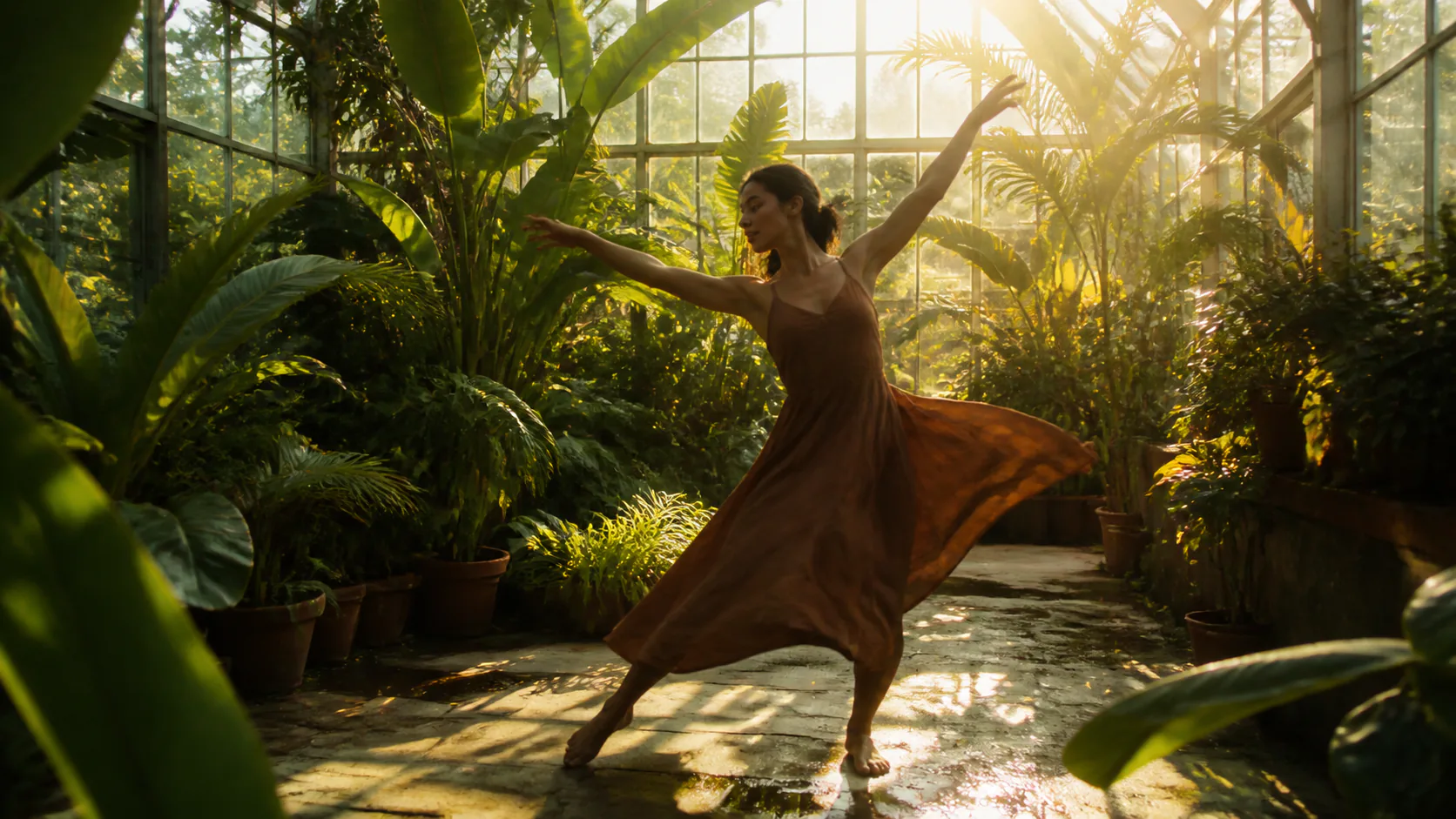 Kling 2.6 Motion Control guides a dancer through a greenhouse scene