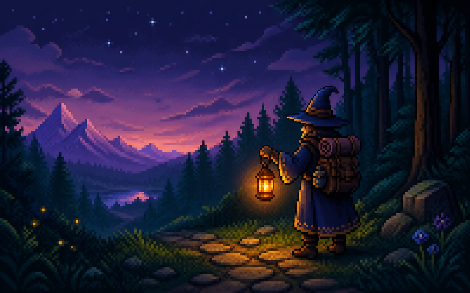 A cosy isometric pixel-art room with a desk, monitor, bookcase, and warm lamp light.