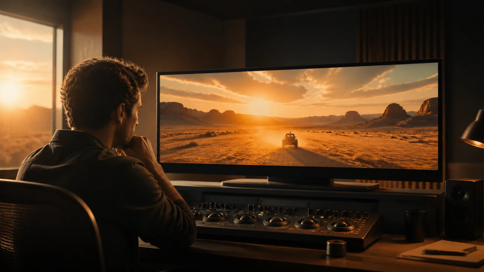 Kling 3.0 Pro creative direction shown in a cinematic editing studio
