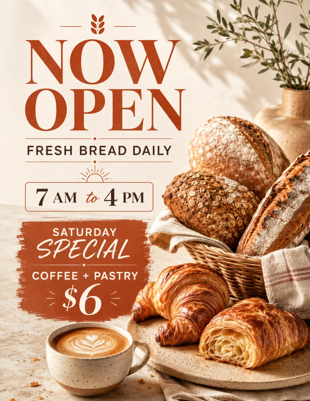 AI Flyer Generator output after a second pass: bakery opening flyer with a shorter headline and warmer palette