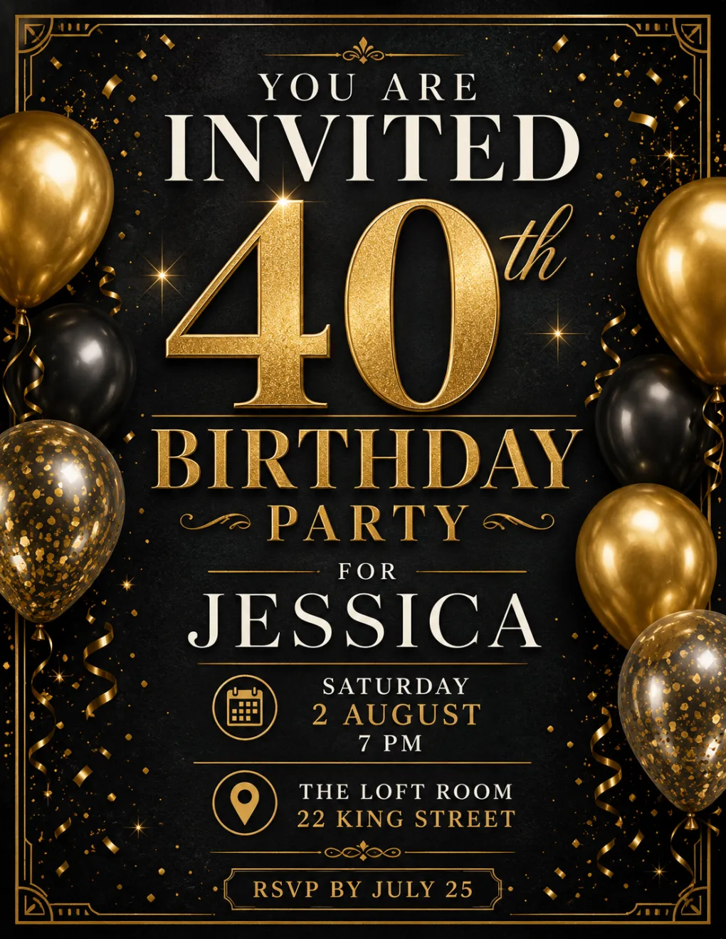 Party flyer example: black and gold 40th birthday party invitation flyer with date, venue and RSVP line