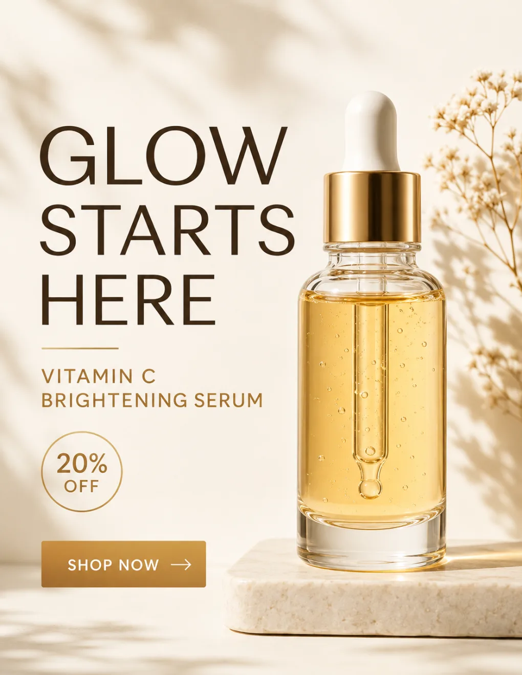 AI Flyer Generator output guided by a product reference: skincare sale flyer with the bottle as hero and a discount badge