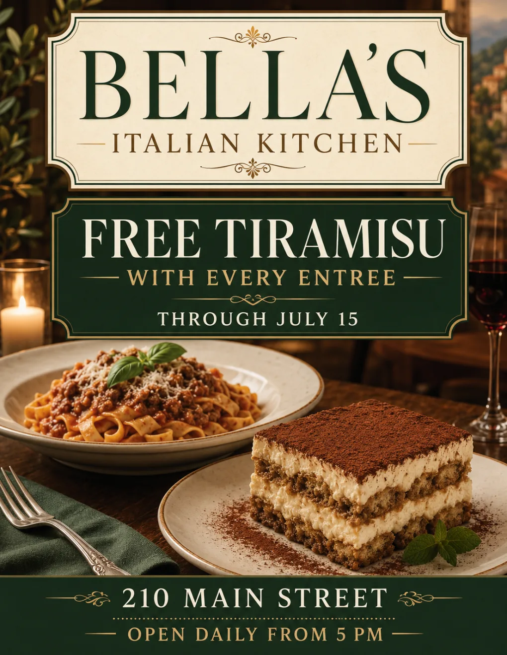 Restaurant flyer example: Italian menu promotion flyer with a free dessert offer, address and opening hours