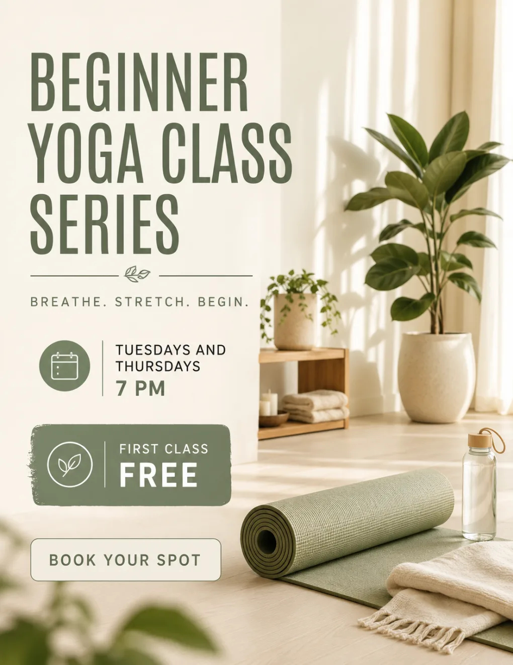 Class flyer example: beginner yoga flyer with schedule rows, a first class free badge and booking call to action