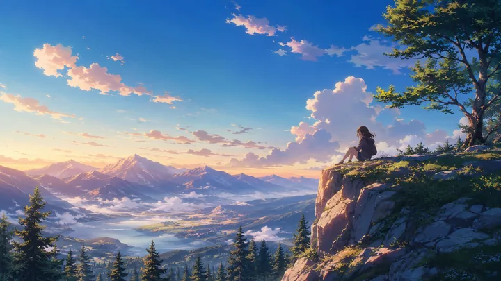 Anime scenery AI wallpaper with clean cel shading and an open sky, desktop