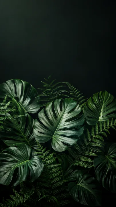 Dark botanical AI wallpaper with monstera leaves in soft light, phone portrait