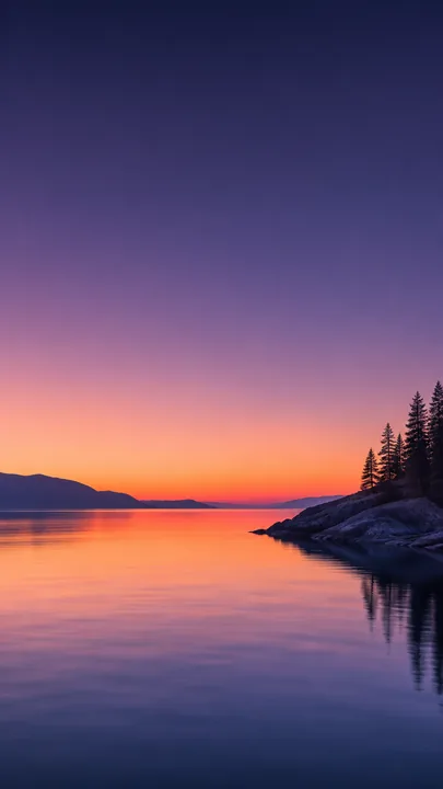 Dusk gradient AI wallpaper over a calm lake, phone portrait
