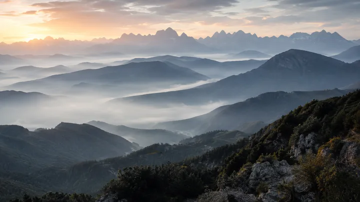 Cinematic mountain landscape AI wallpaper in morning fog, desktop