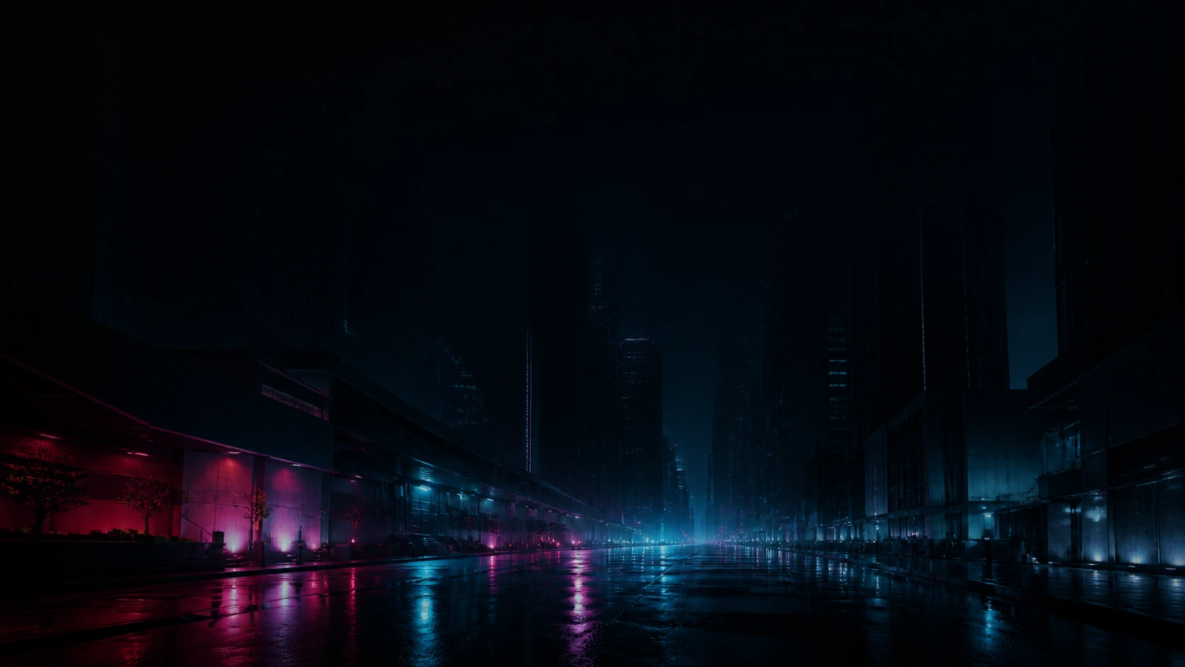 湿滑反光街面与霓虹点缀的夜色城市 AI 壁纸