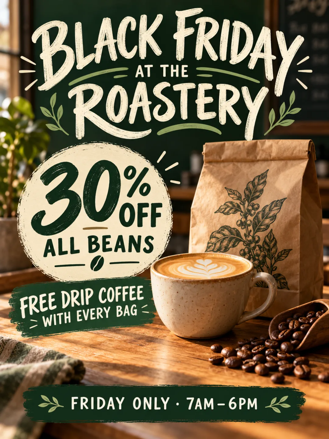Black Friday poster for a coffee shop with a latte and coffee beans, 30% OFF ALL BEANS and Friday-only opening hours
