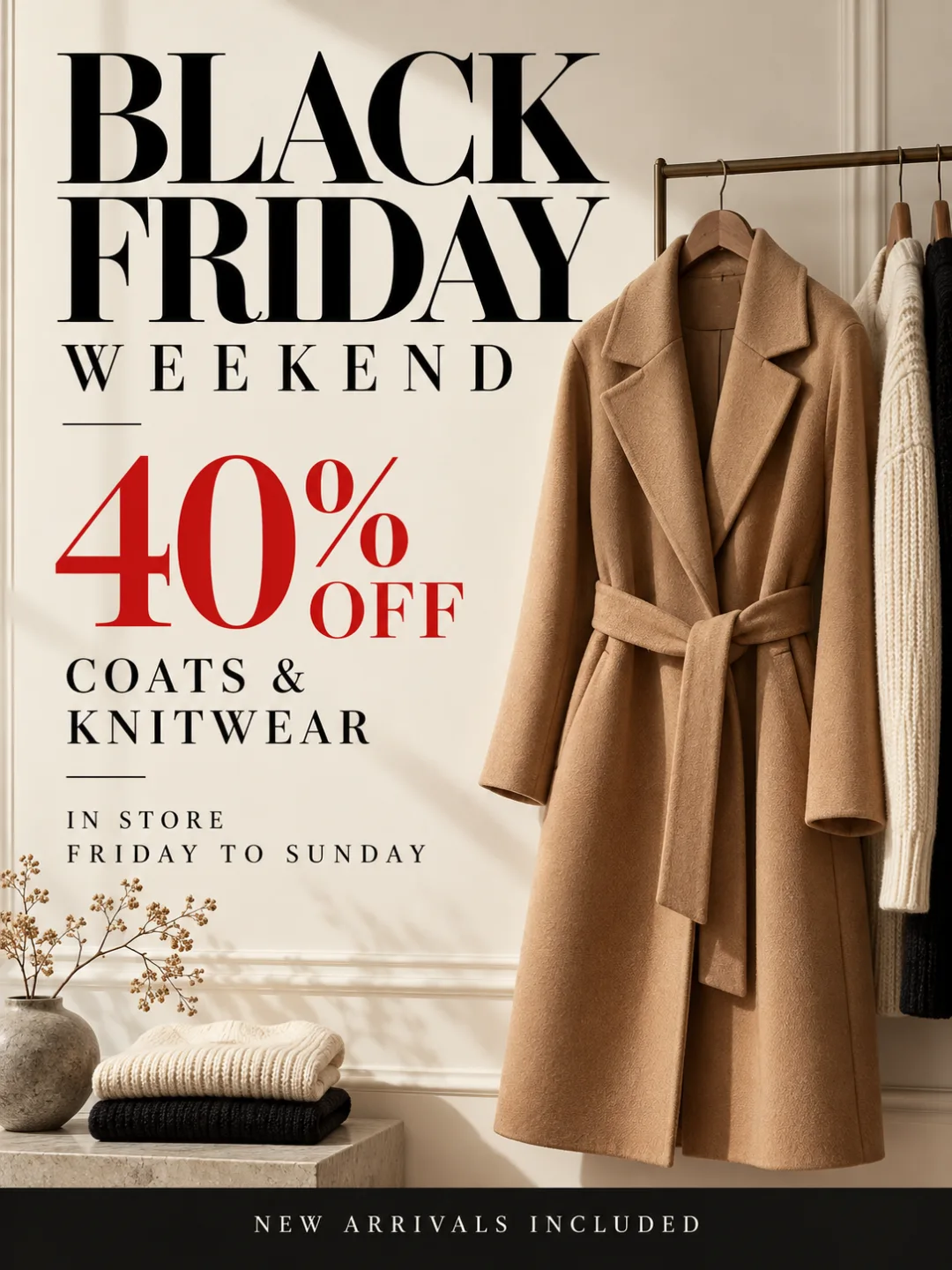 Black Friday weekend poster for a fashion boutique with a camel coat, 40% OFF COATS & KNITWEAR and Friday-to-Sunday dates