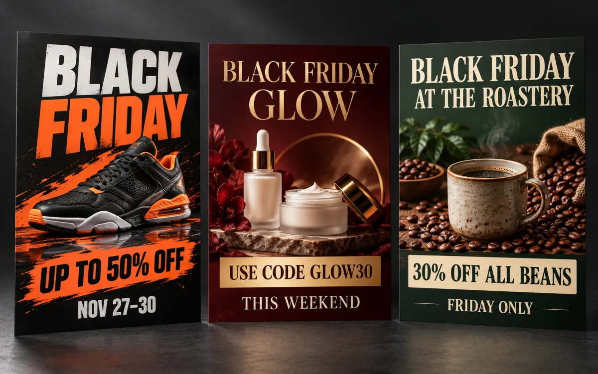 Three Black Friday posters made with the Black Friday Poster Maker: a sneaker sale poster, a skincare promo code poster and a coffee shop deals poster side by side
