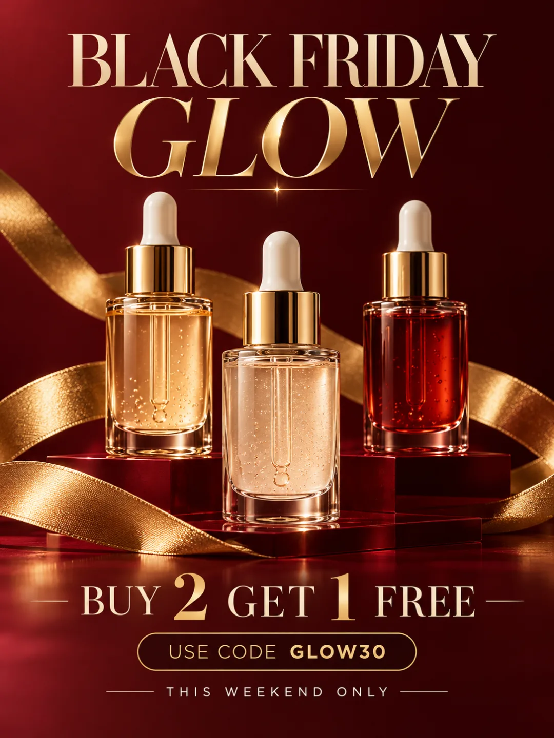 Black Friday poster for a skincare brand showing three serum bottles, a BUY 2 GET 1 FREE offer and the code GLOW30