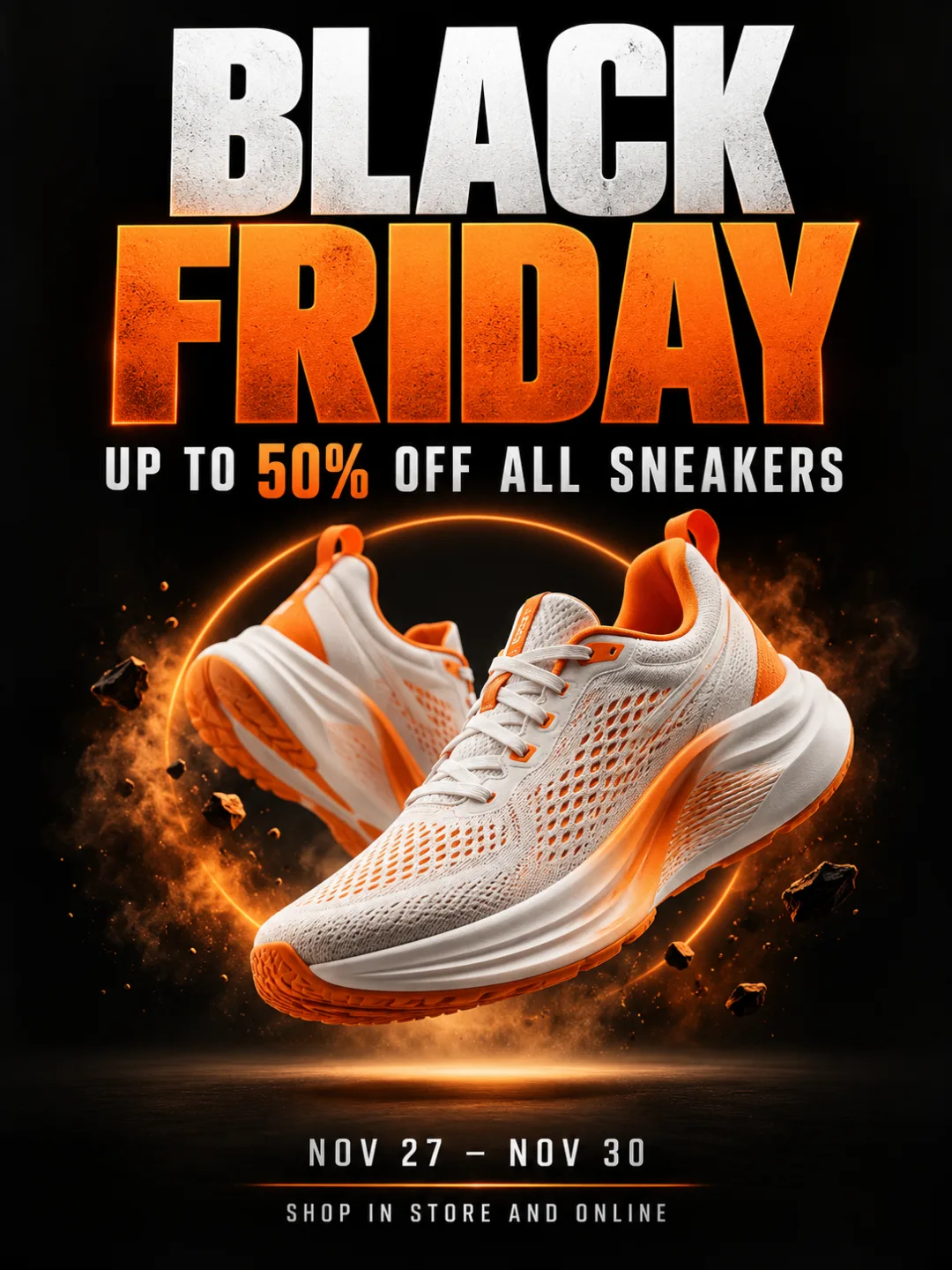 Black Friday sale poster for a sneaker store with a floating running shoe, UP TO 50% OFF headline and Nov 27–30 date line
