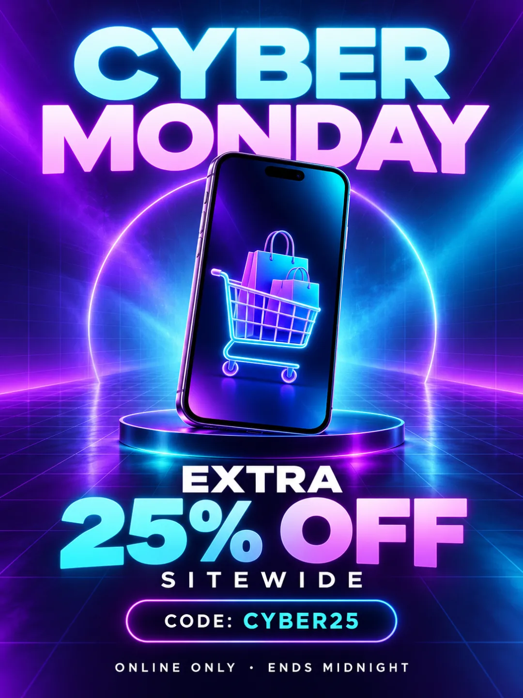 Cyber Monday sale poster for an online store with a purple gradient, EXTRA 25% OFF SITEWIDE and CODE: CYBER25