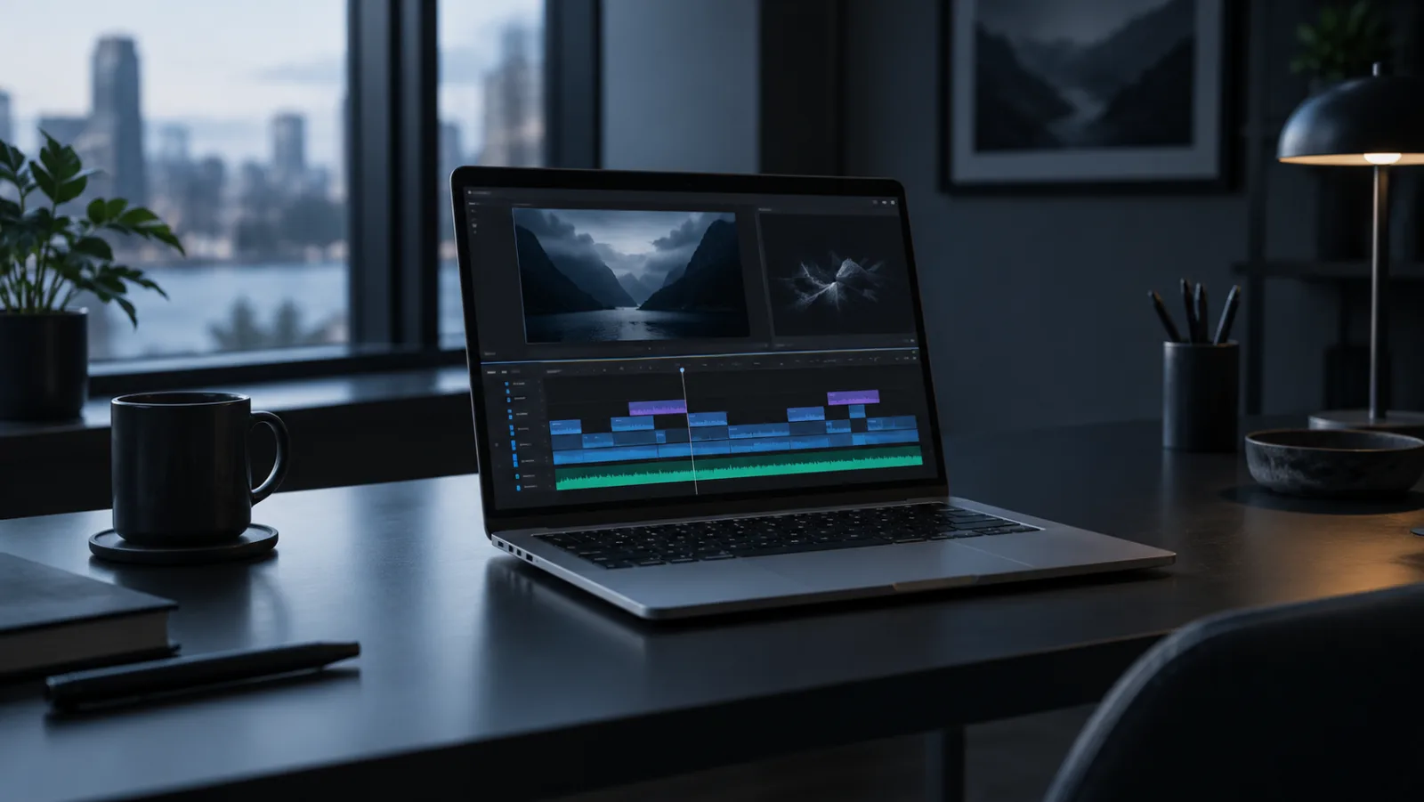 A laptop on a desk showing a video timeline, with no external hardware attached