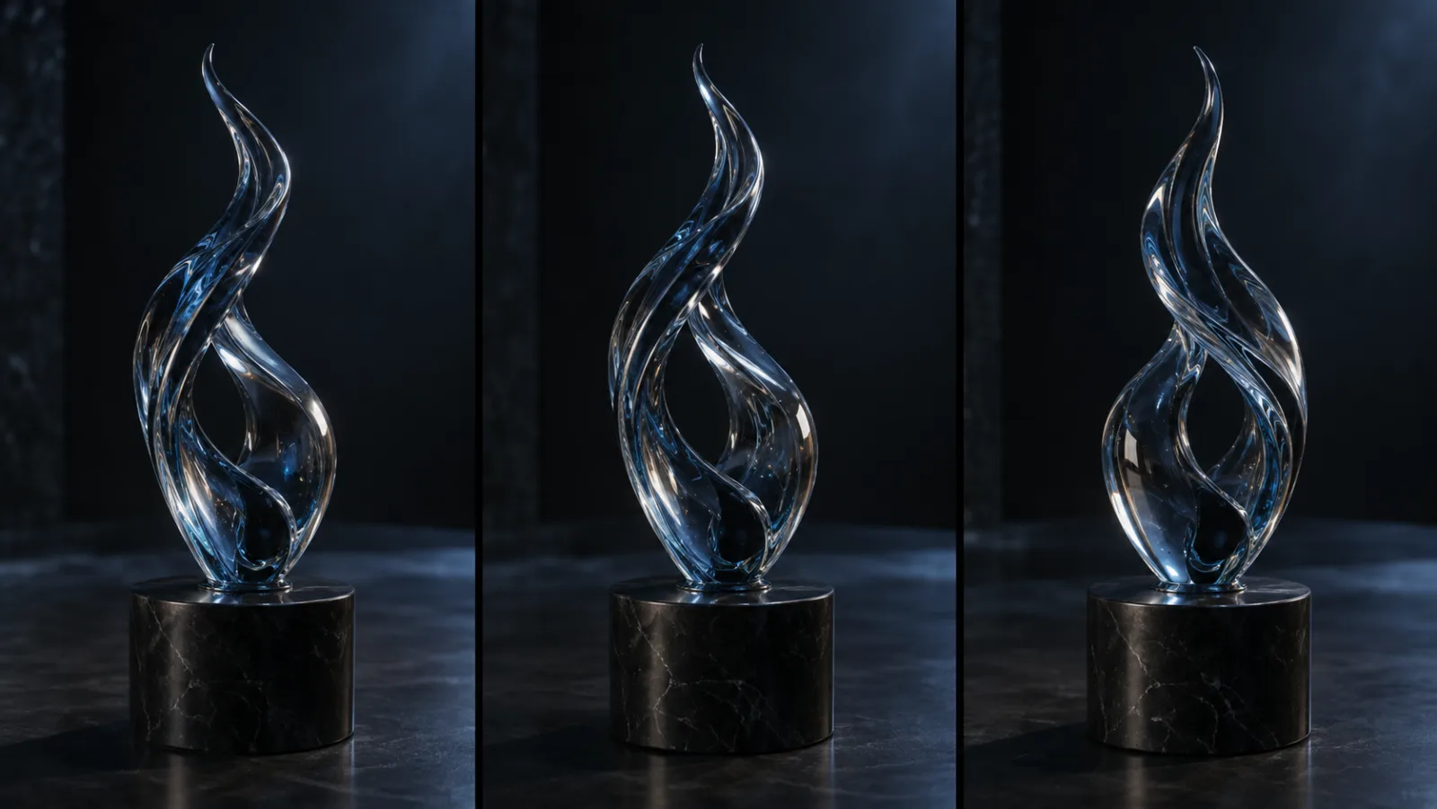 Three frames from one continuous camera move around the same glass sculpture