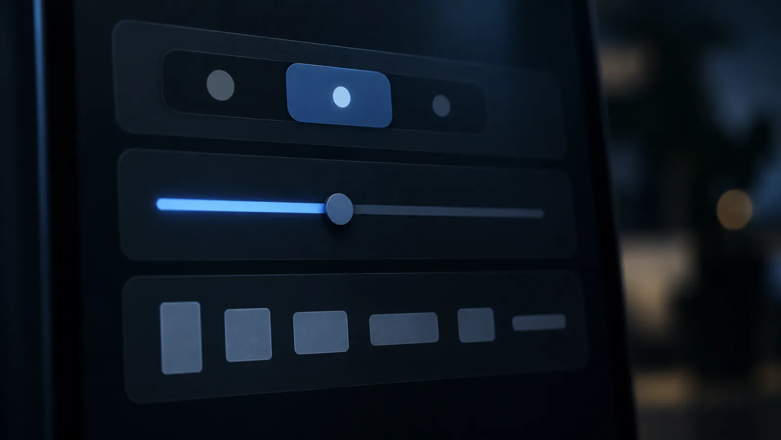 A dark settings panel with a selector row, a slider and six aspect-ratio shapes