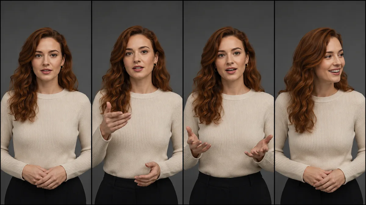 AI motion control character consistency: the same face, hair and outfit held steady across four frames of a generated clip