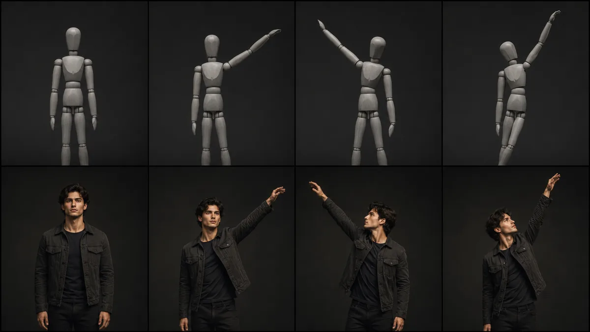 Motion Control AI frame-accurate motion transfer: a character repeating the arm and head movement of a reference video