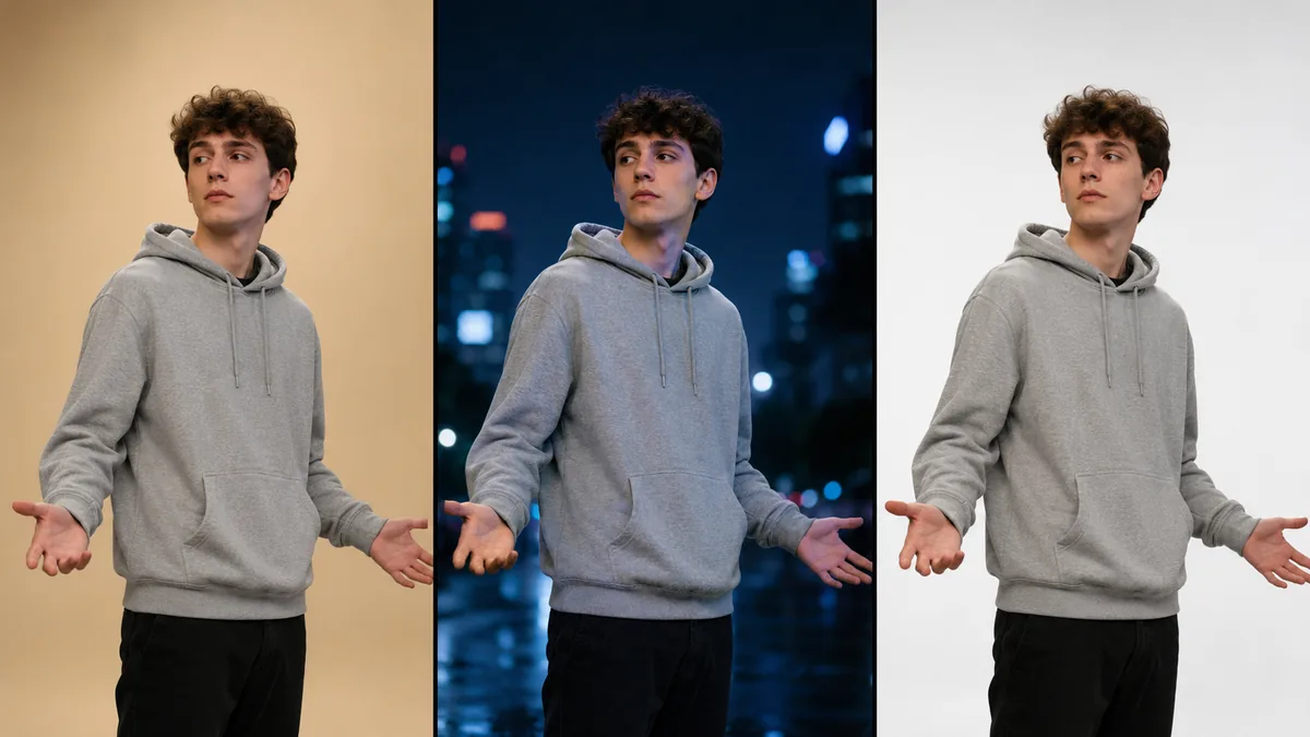 One motion control AI performance rendered three times with different lighting and background direction