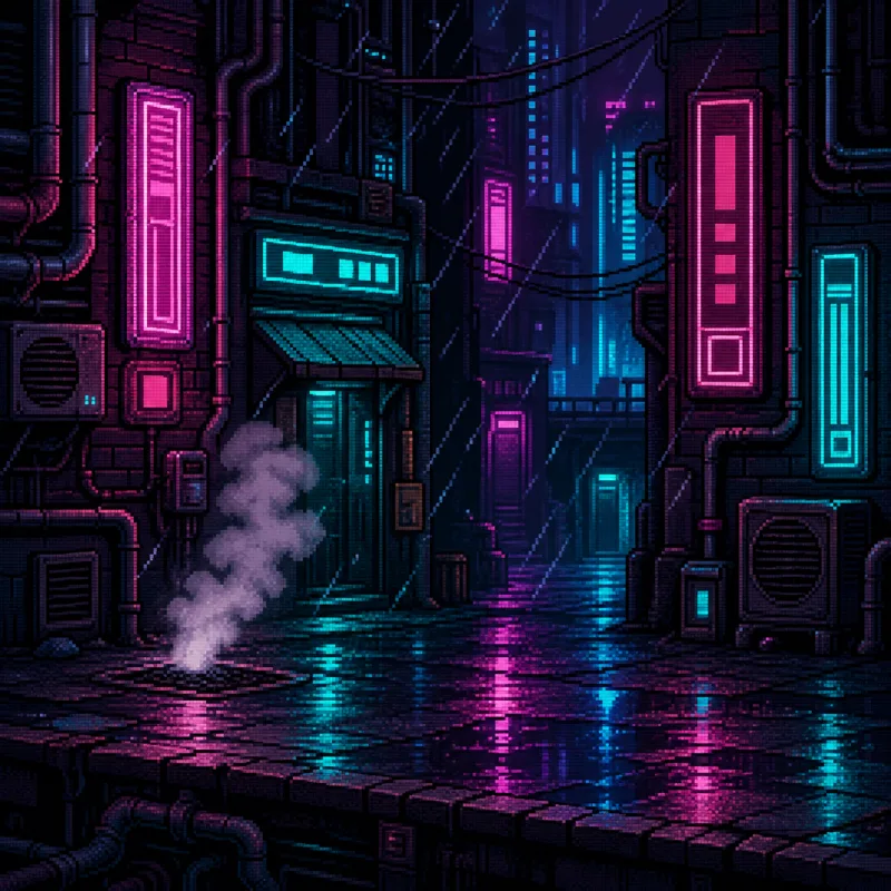 Pixel animation maker prompt starter: a 16-bit neon cyberpunk alley at night with rain and glowing signs