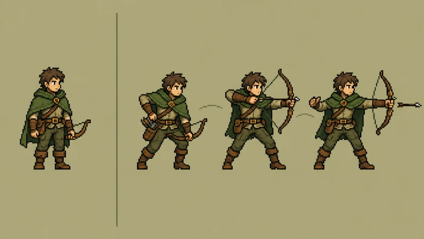 Pixel animation maker feature: a still pixel-art archer on the left and the same archer in three drawing-the-bow poses on the right