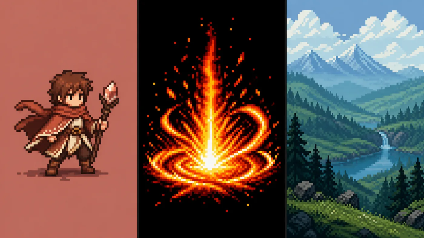 Pixel animation maker feature: three pixel animation panels — a character loop, a fire VFX loop and a scrolling background