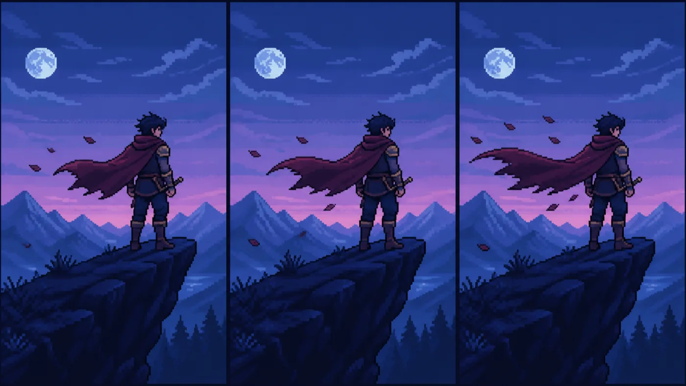 Pixel animation maker feature: a three-frame strip of a 16-bit hero whose cape blows further left in each frame
