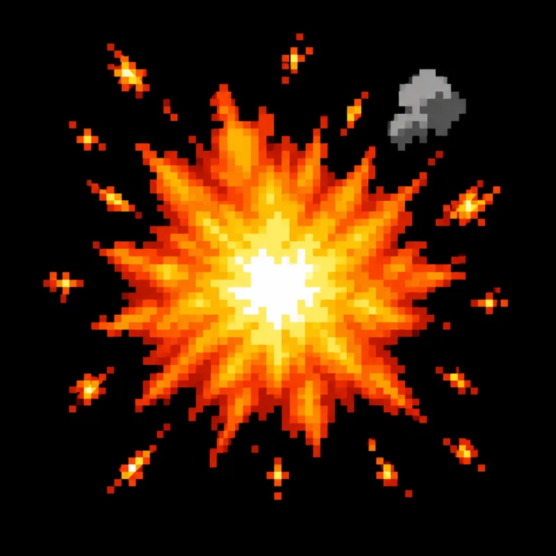 Pixel animation maker prompt starter: an 8-bit style pixel explosion with orange flame clusters and sparks on black