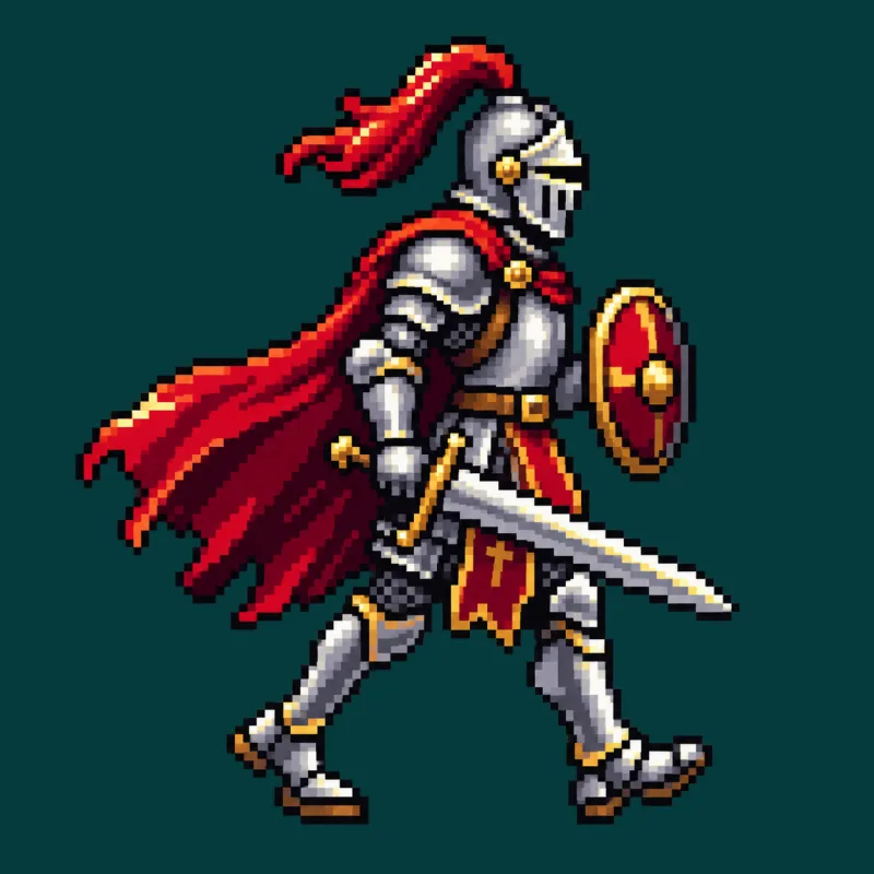 Pixel animation maker prompt starter: a 16-bit armoured knight sprite mid-stride on a flat teal background