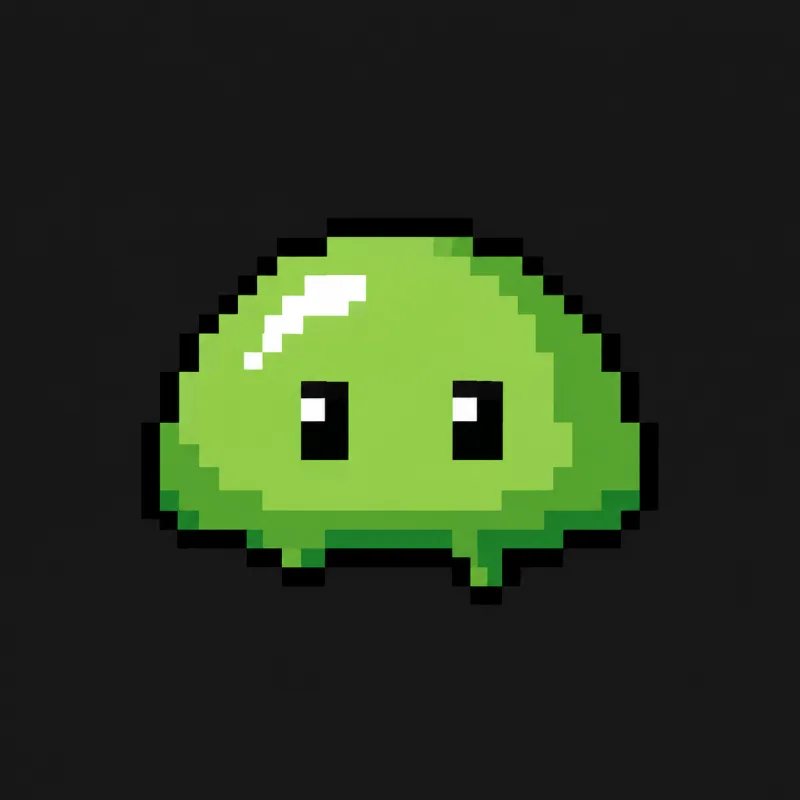 Pixel animation maker prompt starter: a green 32x32 style pixel slime with a glossy highlight on a dark background