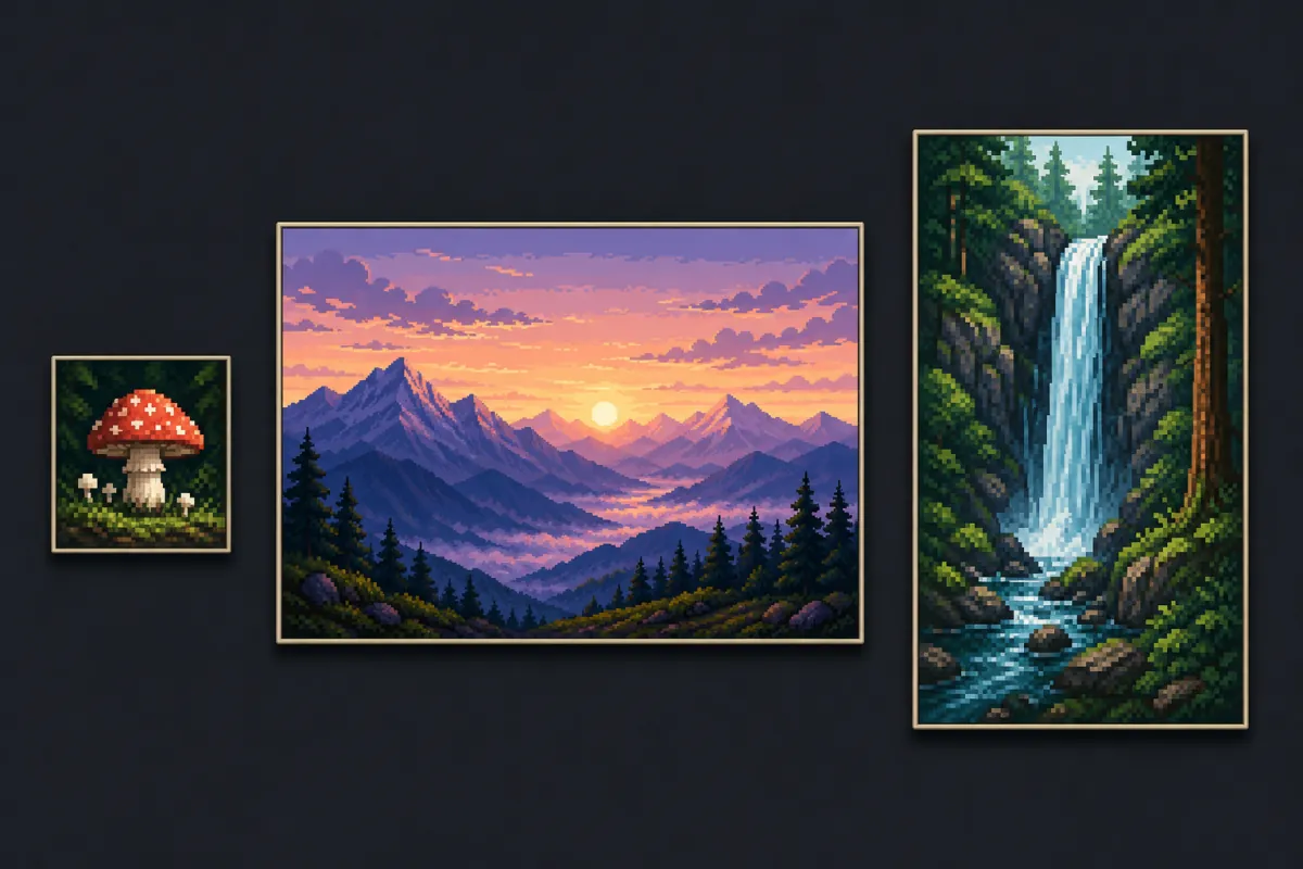 Pixel art on three canvases: a small square panel, a widescreen mountain landscape and a tall vertical waterfall scene