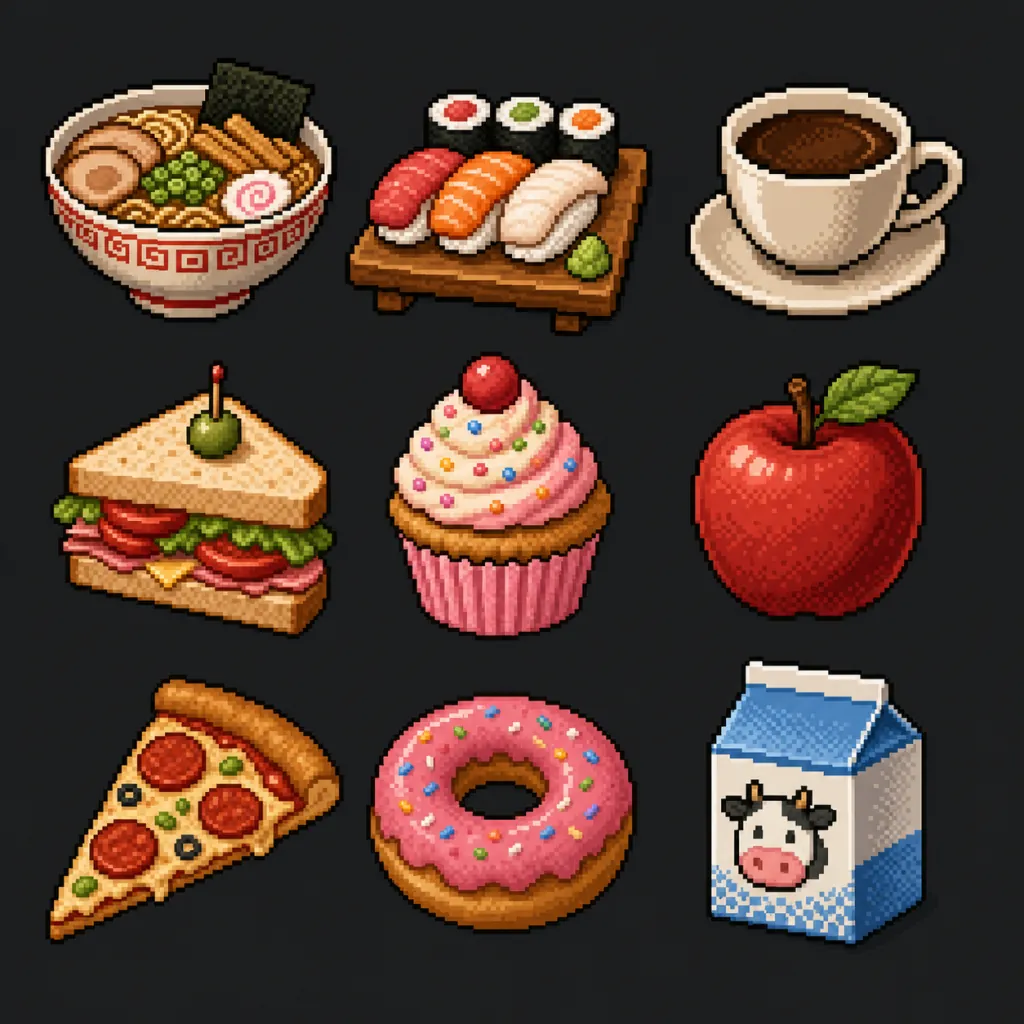 Pixel art generator example: a 3x3 set of pixel food icons including ramen, sushi, coffee and a cupcake