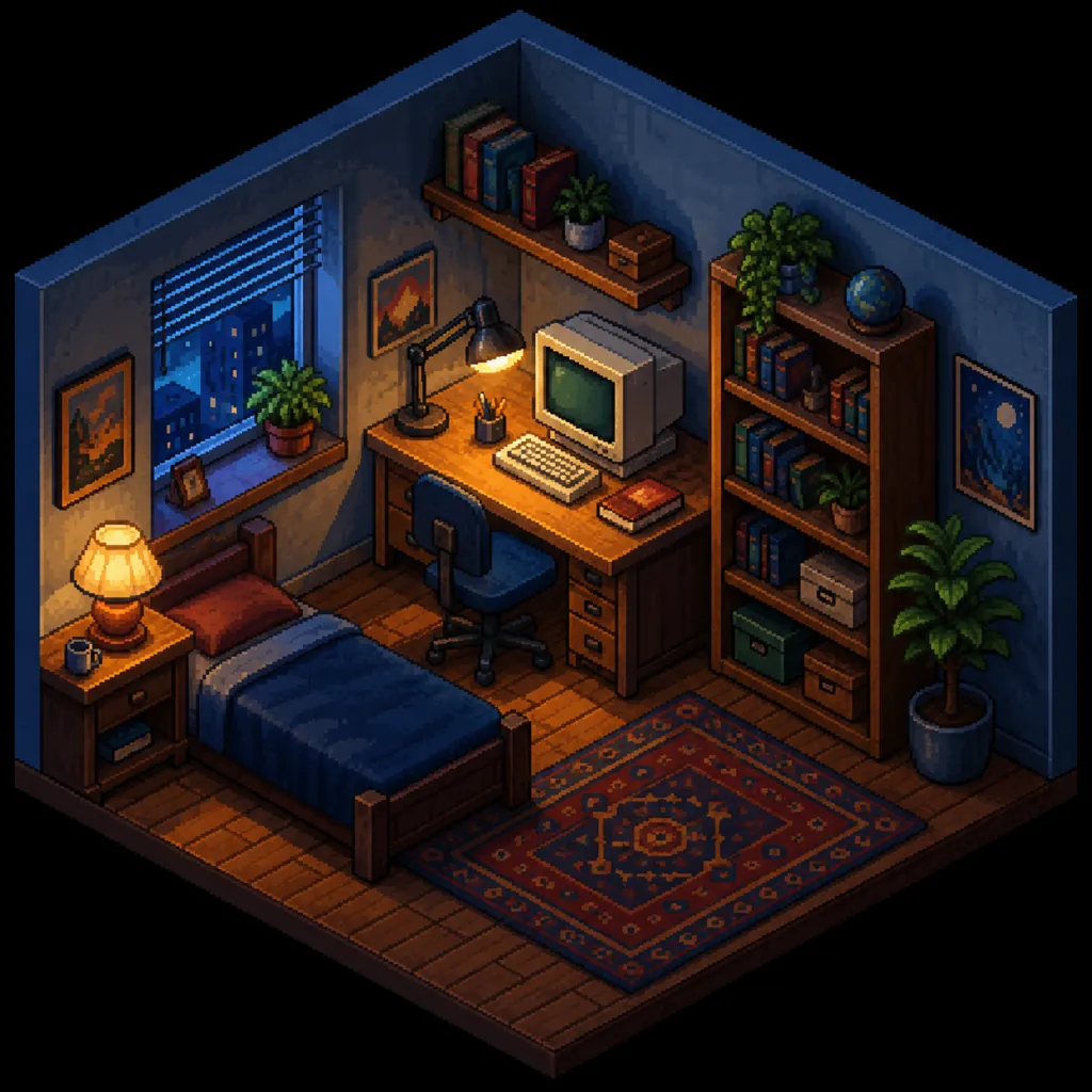 Pixel art generator example: an isometric bedroom scene with a desk, CRT monitor, bookshelf and warm lamp light
