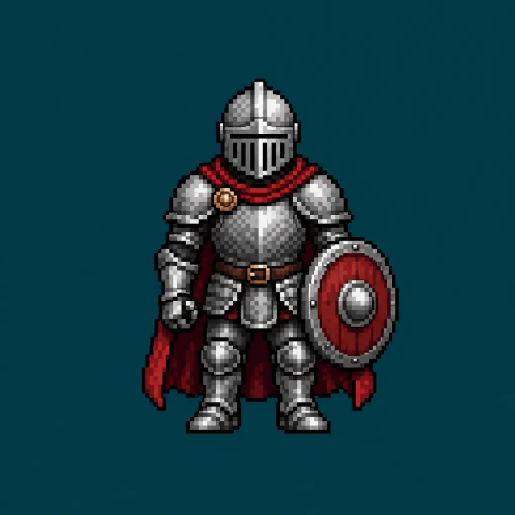 Pixel art generator example: a 32x32 style knight sprite in silver armour with a red cape on a flat teal background
