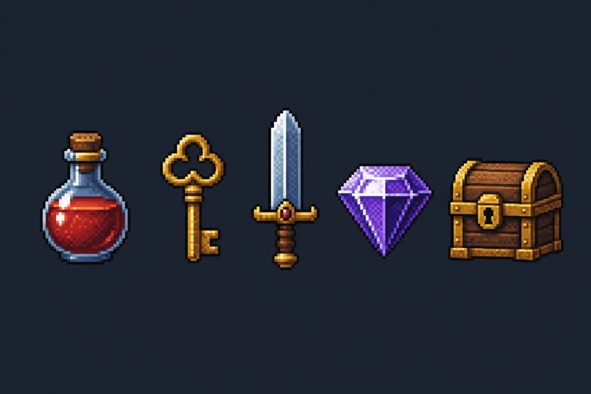 A row of five pixel art item icons — potion, key, sword, gem and chest — sharing one palette and outline weight