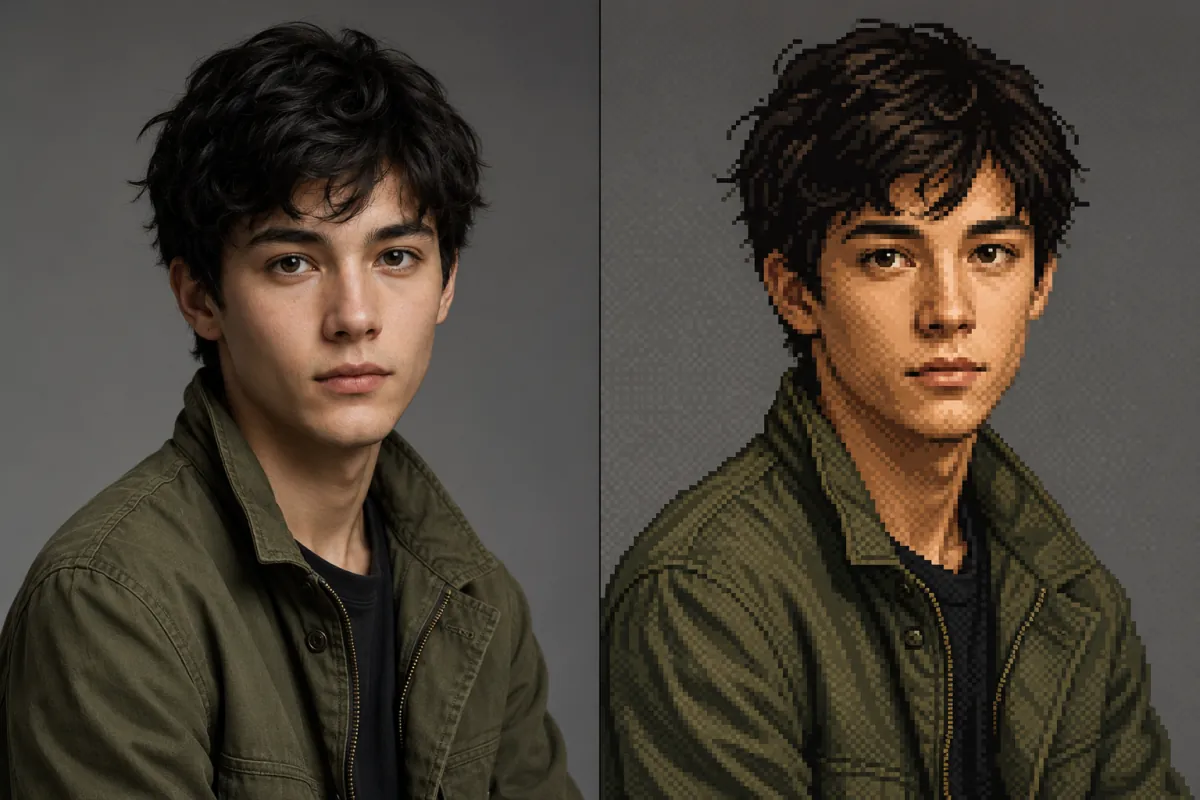 A photo of a person on the left rebuilt as a pixel portrait on the right with the same pose and colours