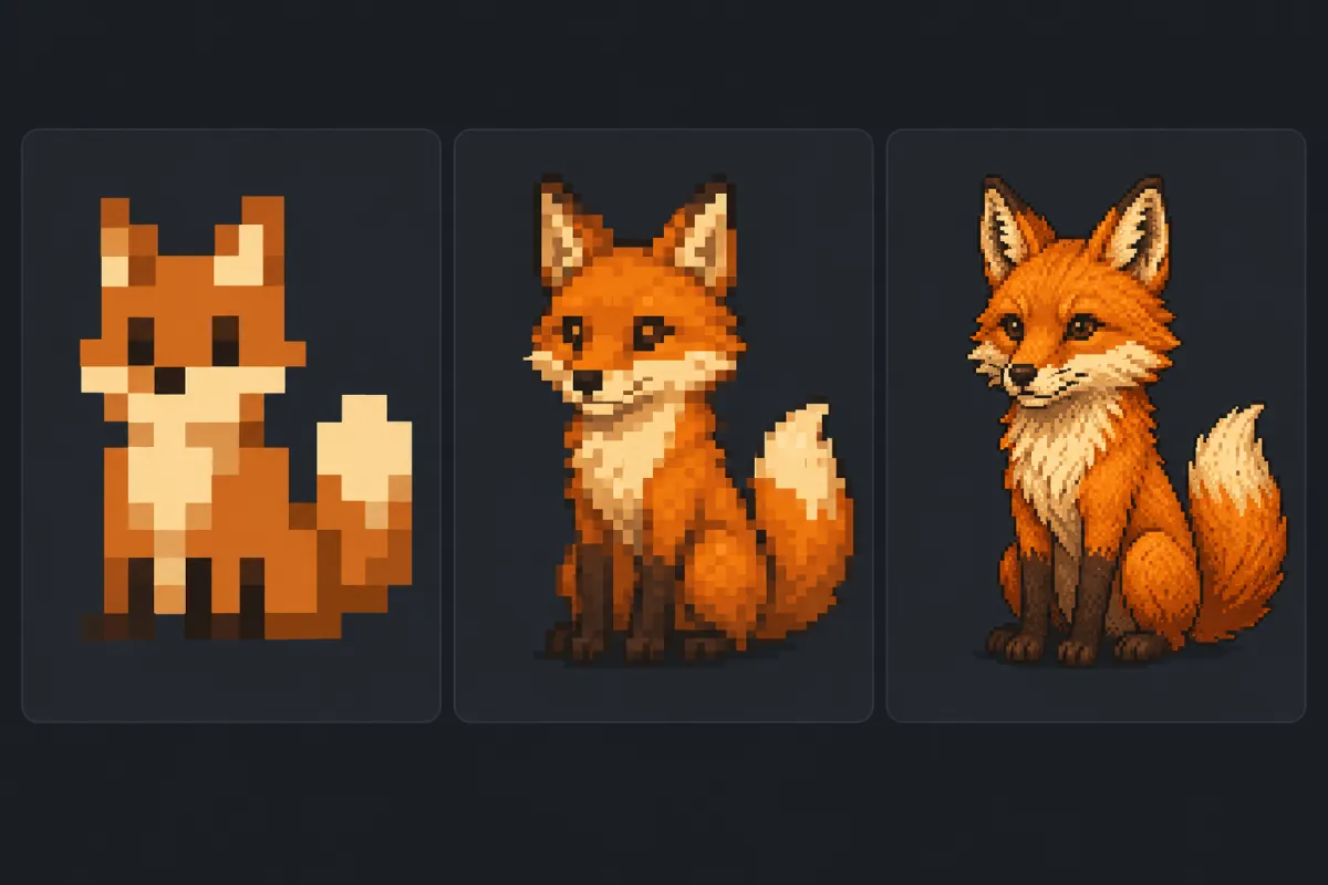 The same pixel art fox rendered three times at increasing pixel densities, from blocky to detailed