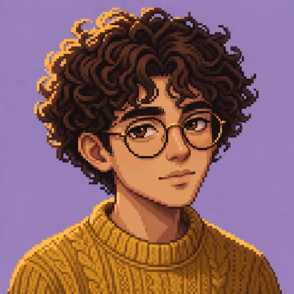 Pixel art generator example: a pixel portrait avatar of a person with curly hair, glasses and a mustard sweater