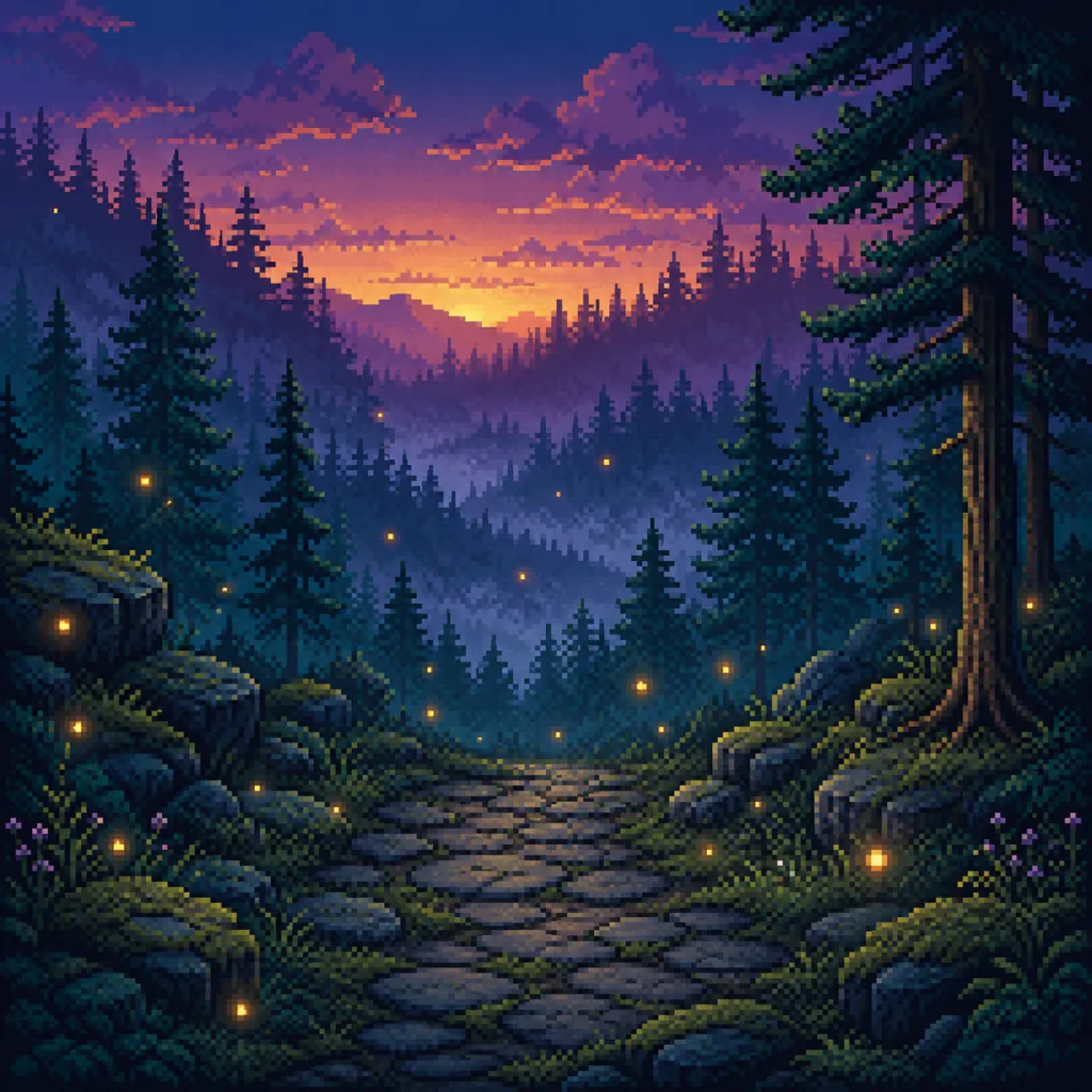 Pixel art generator example: a 16-bit forest background with layered pine trees, fog and fireflies at dusk