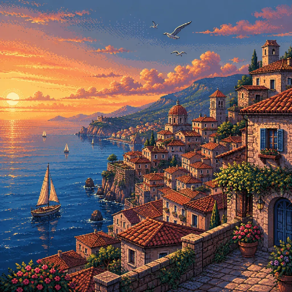 Pixel art generator example: a seaside town with terracotta rooftops stacked up a cliff, boats and a golden sky