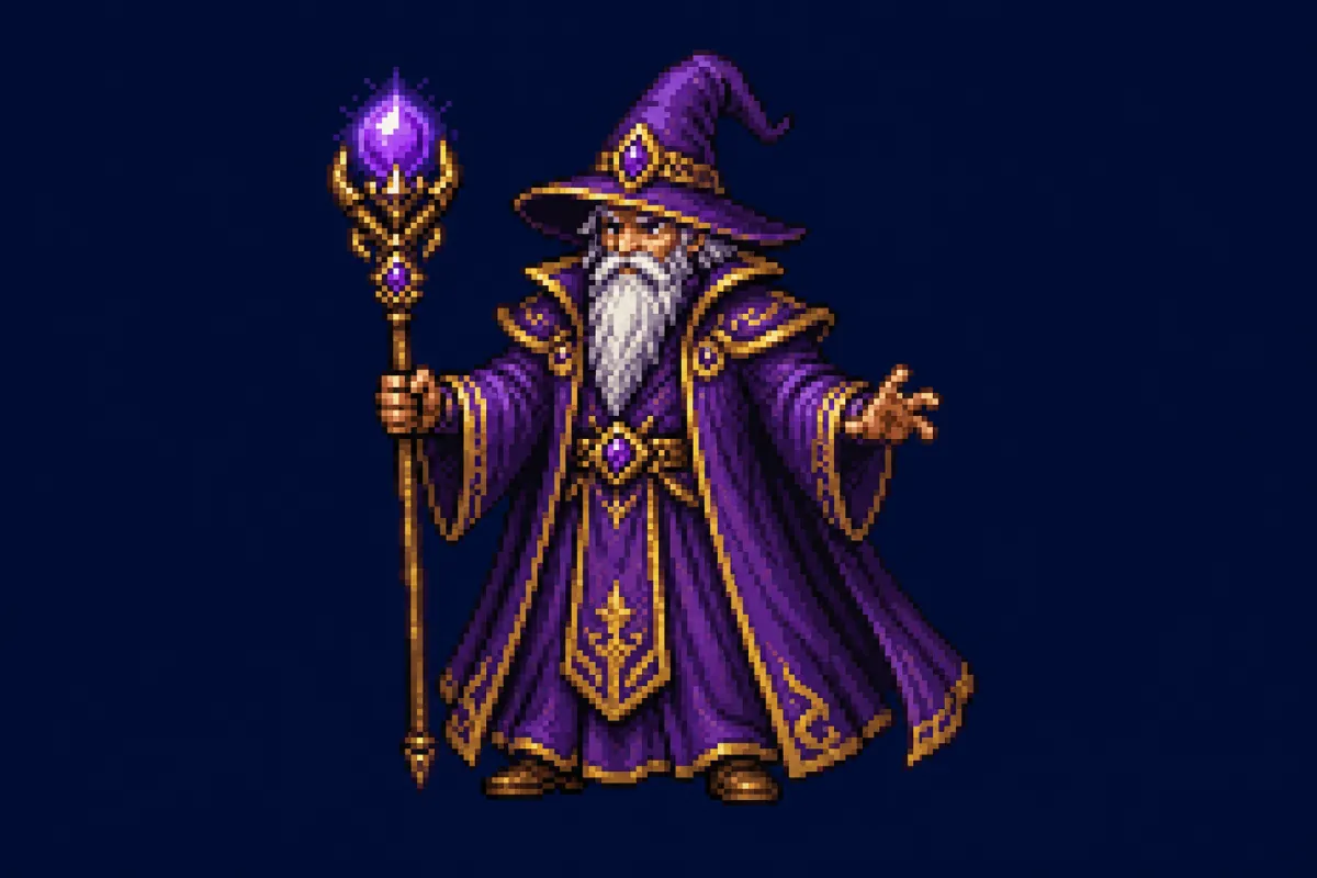 A pixel art wizard in purple and gold robes holding a glowing staff, generated from a text prompt