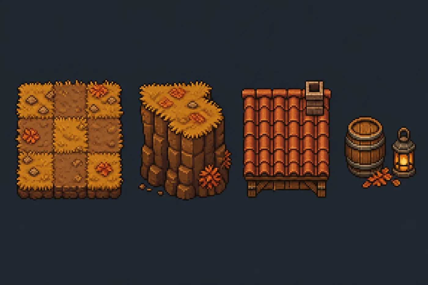 Terrain, cliff, roof and prop tiles from the pixel tileset generator sharing one limited colour palette