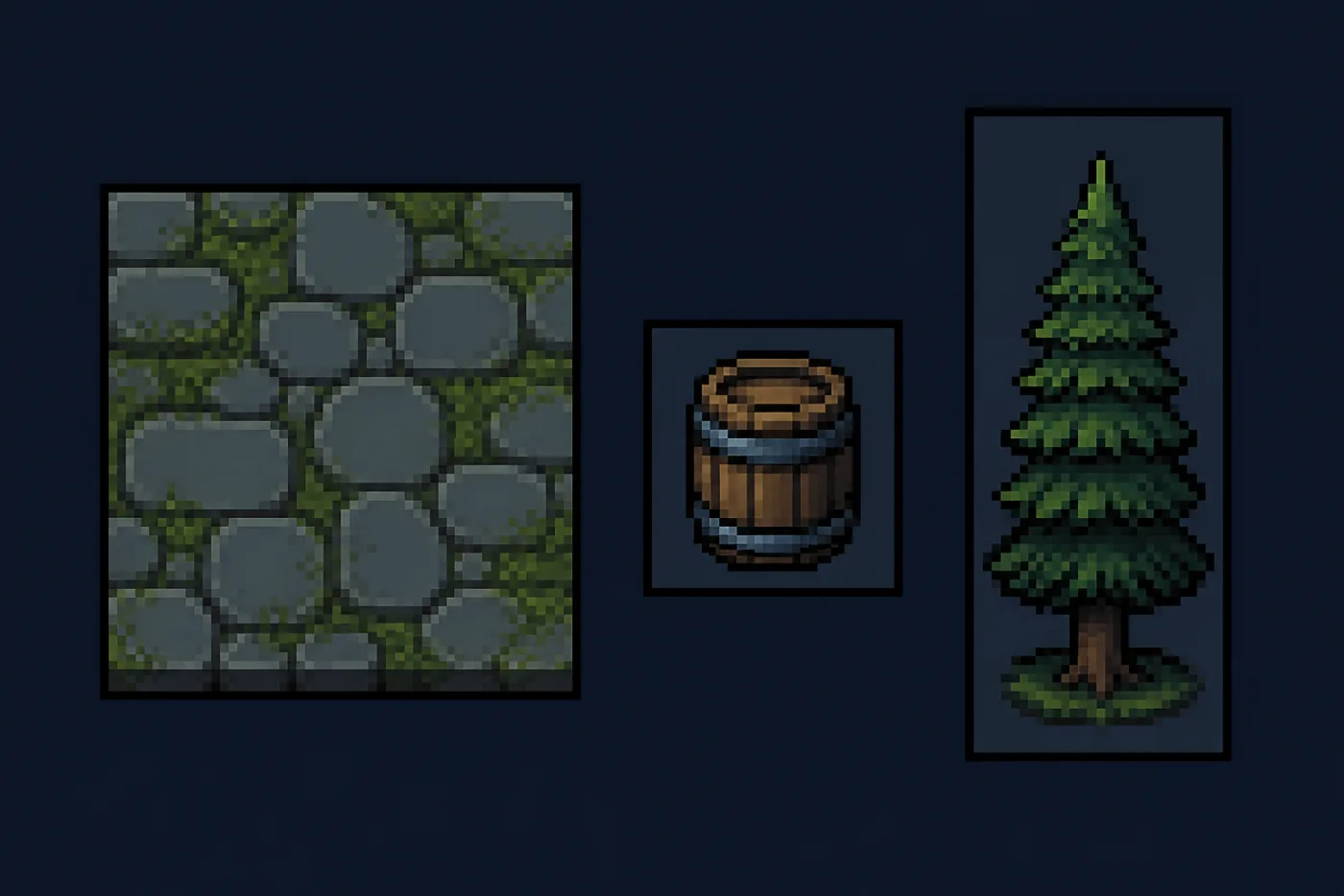 Ground tile, small tile object and tall scene object canvases offered by the pixel tileset generator